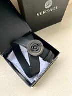 Versace belt with dark blue textured leather and round gold-tone logo buckle