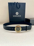 Versace belt in dark blue leather with round gold-tone logo buckle