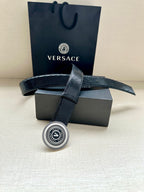 Versace Belt with navy strap and round gold-toned logo buckle