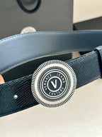 Versace Belt detail: round embossed logo buckle on textured navy strap