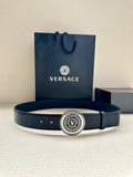Versace Belt, navy leather-look strap with round gold-toned logo buckle
