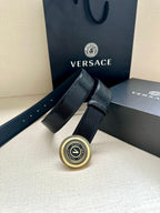 Versace Belt, navy textured strap with round gold-toned logo buckle
