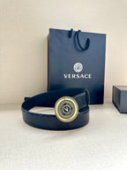 Versace Belt, navy strap with round gold-toned logo buckle