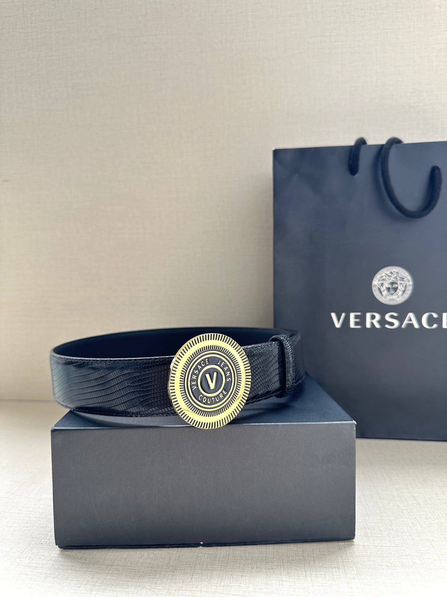 Versace Belt, navy strap with gold-toned round emblem buckle