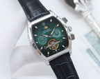 Rolex watch with green dial and black leather strap, stainless steel tonneau case