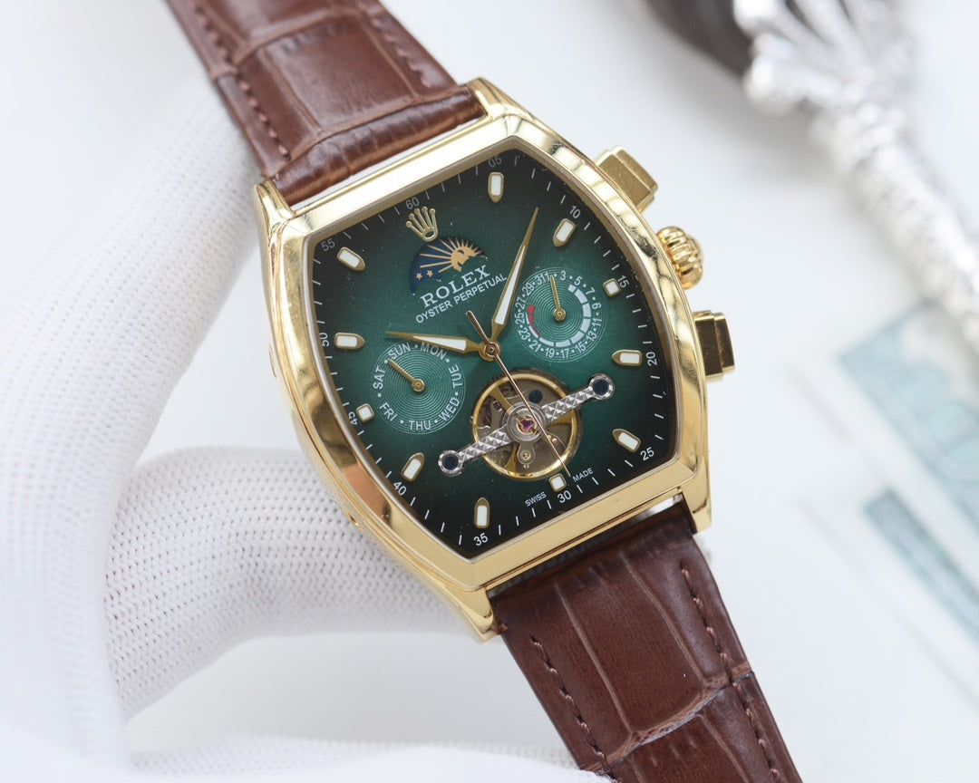 Rolex watch with green dial and brown leather strap, gold-tone tonneau case
