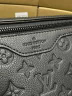 Louis Vuitton men's bag front stitching and logo stamp on dark leather