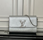 Louis Vuitton crossbody bag in silver-gray with LV logo and chain strap, flap front