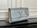 Louis Vuitton small crossbody bag in silver-gray with chain strap and LV logo flap