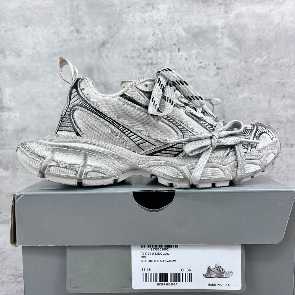 Balenciaga unisex sneakers in silver with black accents, on a shoe box