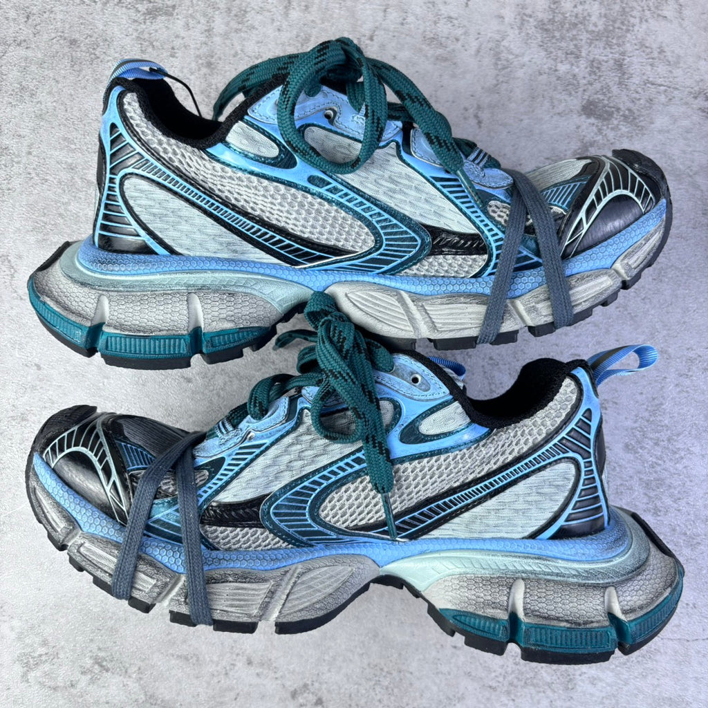 Balenciaga unisex sneakers pair, light blue mesh with teal laces and chunky gray sole