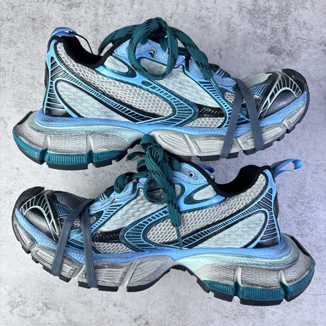Balenciaga unisex sneakers pair, light blue mesh with teal laces and chunky gray sole