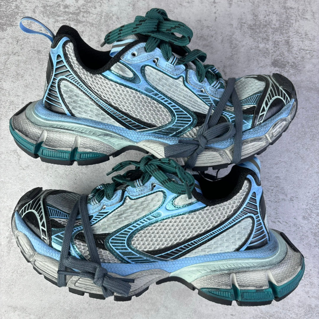 Balenciaga unisex sneakers, light blue mesh uppers with teal laces and black trim