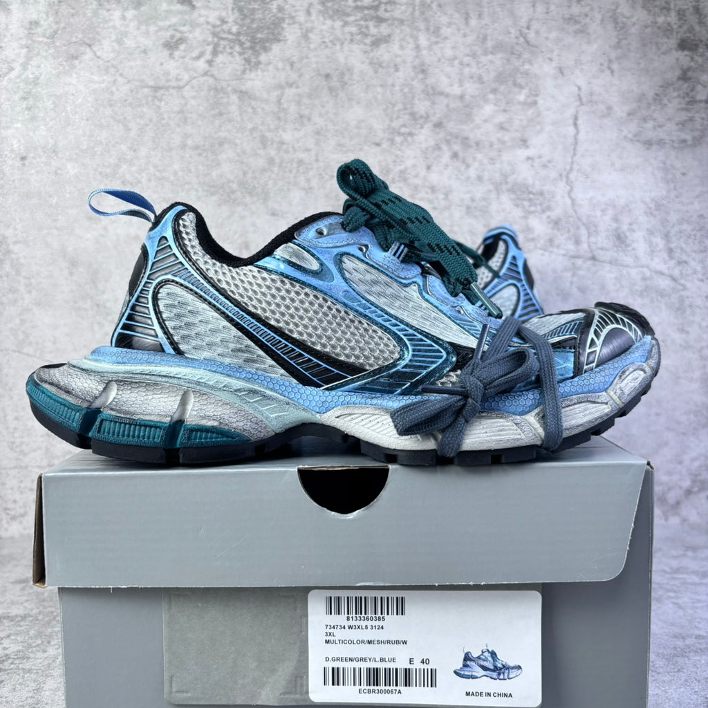 Balenciaga unisex sneakers, light blue mesh uppers with teal and blue laces