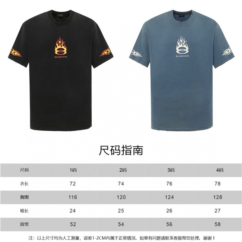Black and blue Balenciaga flame graphic T-shirts plus size chart overview