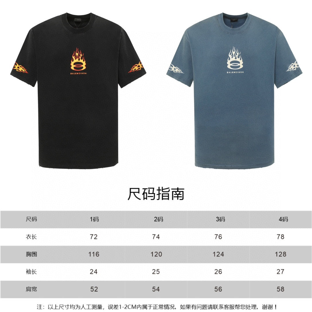 Black and blue Balenciaga flame graphic T-shirts plus size chart overview