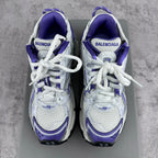 Unisex runner sneakers pair, white mesh uppers with purple lining and lace-up front