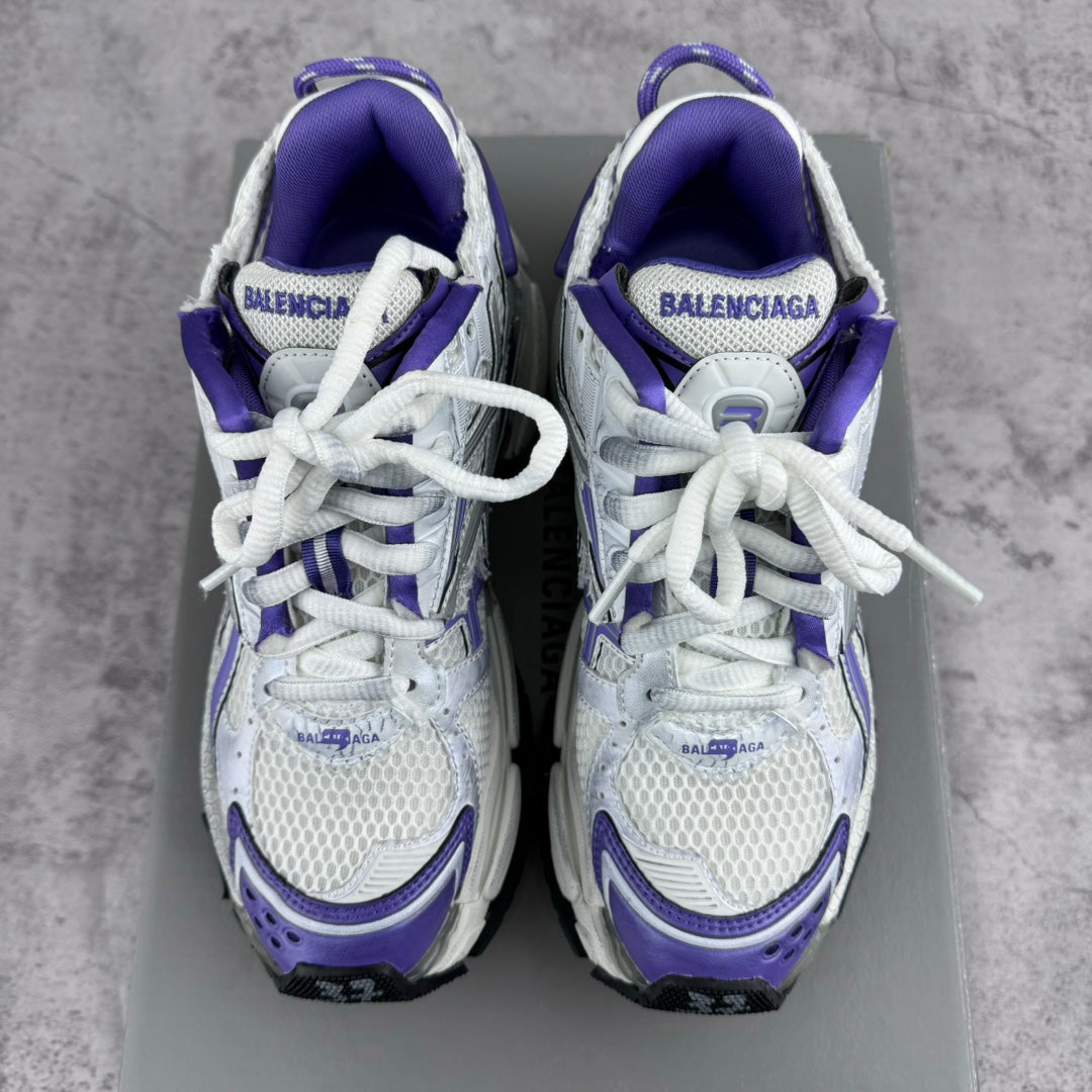 Unisex runner sneakers pair, white mesh uppers with purple lining and lace-up front