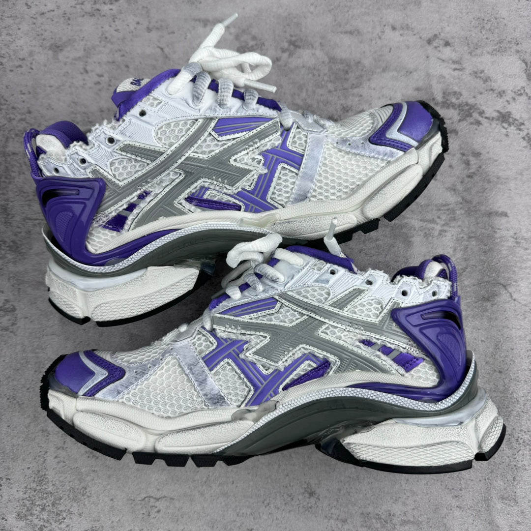 Unisex runner sneakers front view, white mesh with purple overlays and chunky sole