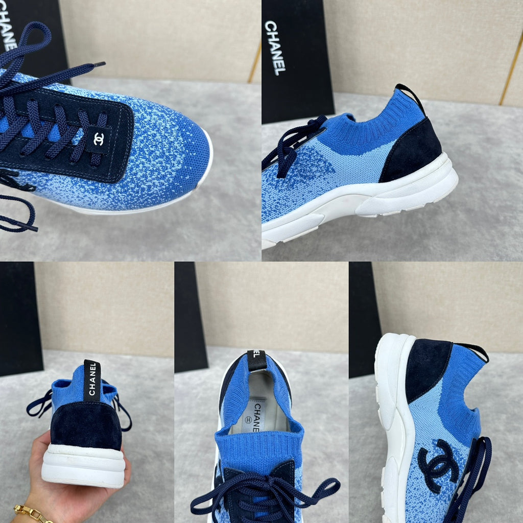 Unisex blue knit sneakers with dark navy laces, black logo patch, and white sole, multiple views