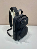 Black Prada mini backpack with shoulder straps and side flap pocket, silver hardware