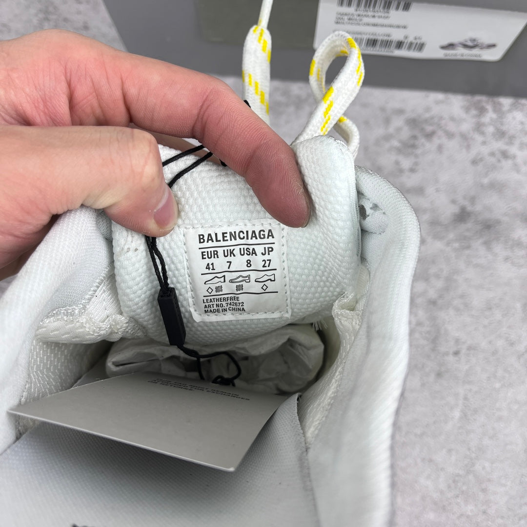 Shoe size label inside white chunky sneaker: 'BALENCIAGA' and UK size 7/41.