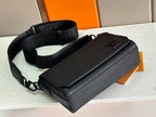Men's black leather crossbody bag with wide strap and front clasp emblem