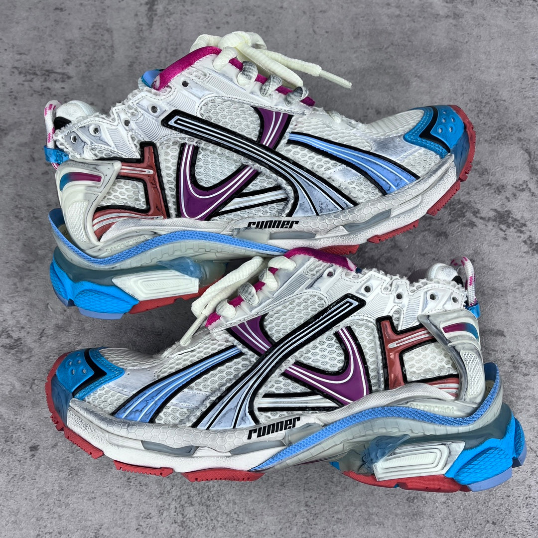Balenciaga unisex runner sneakers, white mesh with blue and purple accents, lace-up