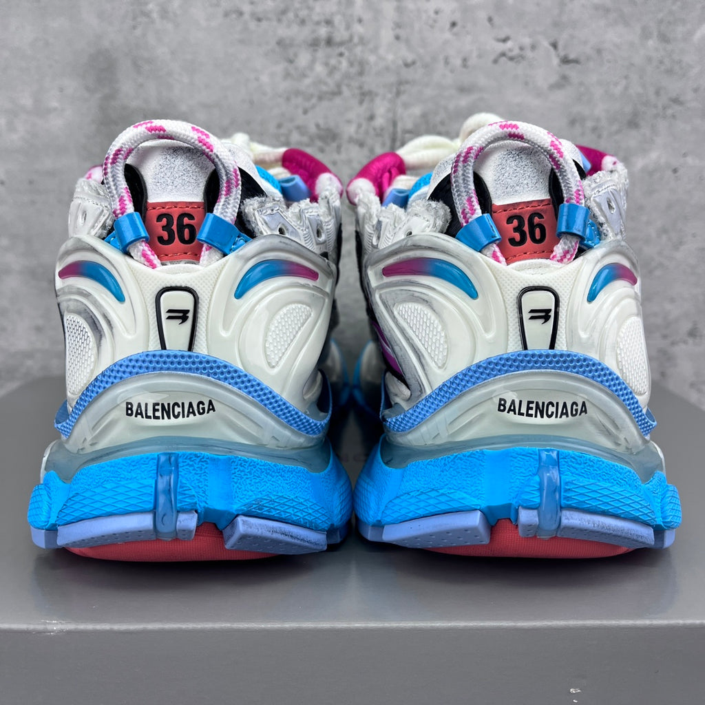 Balenciaga runner sneakers, heel view with blue midsoles and BALENCIAGA text