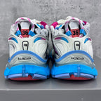 Balenciaga runner sneakers, heel view with blue midsoles and BALENCIAGA text