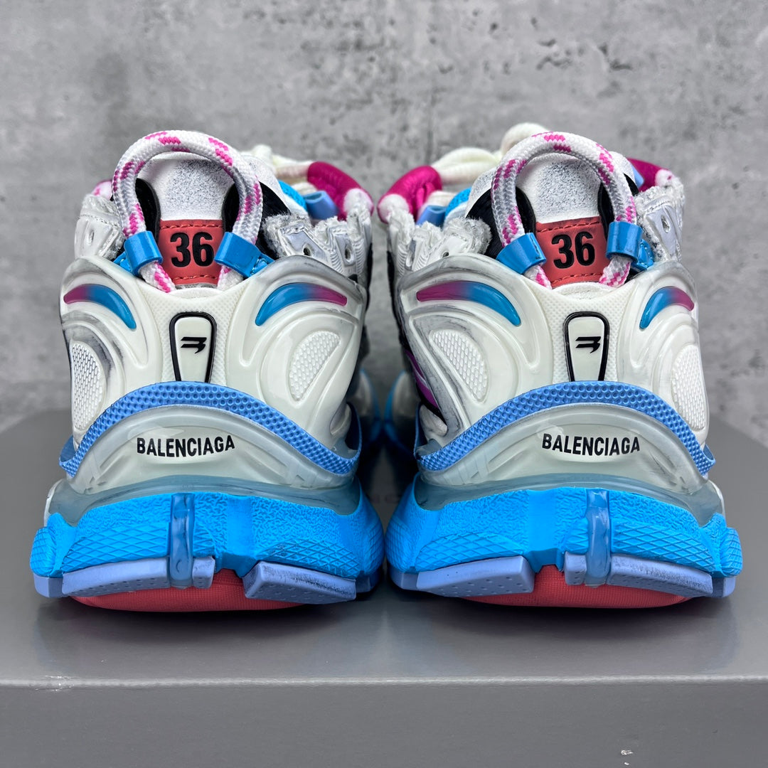 Balenciaga runner sneakers, heel view with blue midsoles and BALENCIAGA text