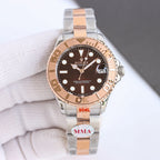 Rolex watch with brown dial, rose-gold tone case, mixed metal bracelet and bezel.