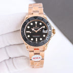 Rolex watch with black dial, rose-gold tone case and bezel, metal bracelet with links.