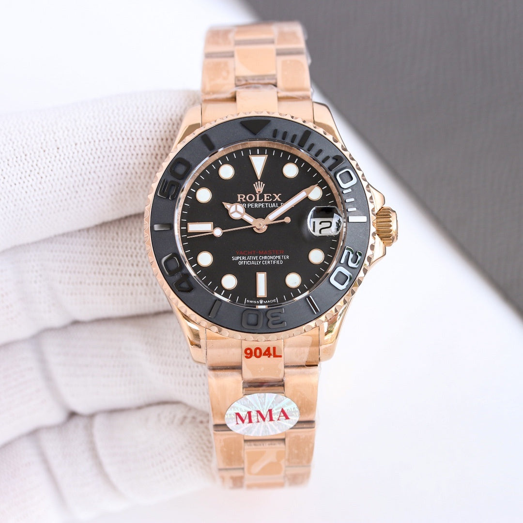 Rolex watch with black dial, rose-gold tone case and bezel, metal bracelet with links.