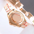 Rolex watch caseback in rose-gold tone with textured center plate and visible screws.
