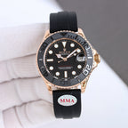 Rolex diver watch with black dial, rose-gold bezel, and black rubber strap