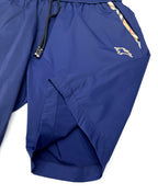 Blue Burberry shorts with zip pocket, drawstring cord, and horse logo