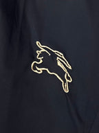 Gold embroidered Burberry logo on dark navy shorts