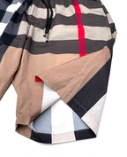 Burberry plaid shorts pocket detail: beige panel, navy checks, red stripe, stitched seams