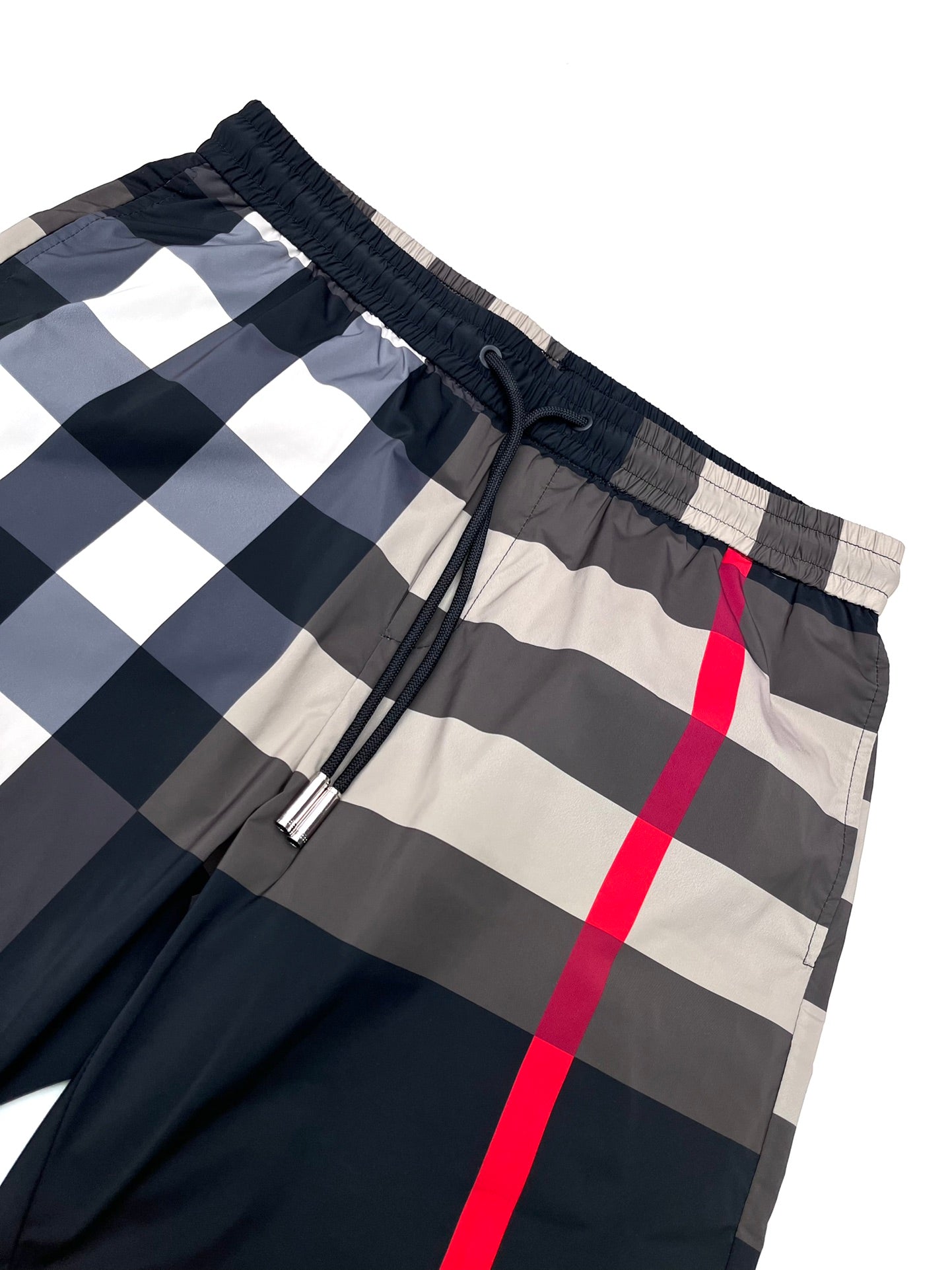 Burberry check shorts close-up with drawstring and elastic waistband