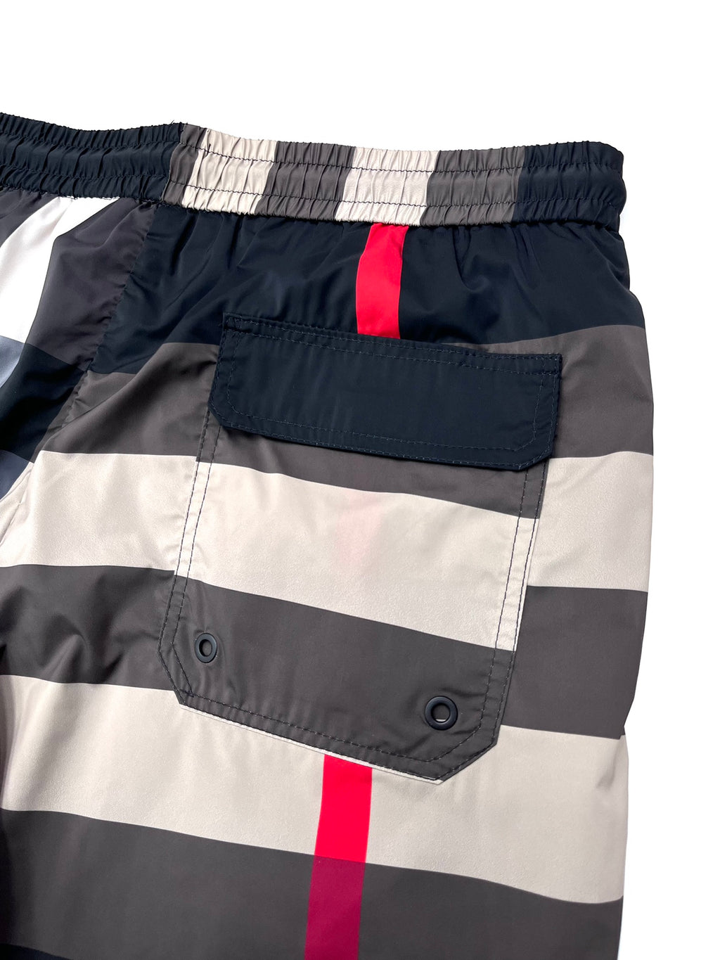 Burberry check shorts back pocket detail with elastic waistband and red plaid stripe