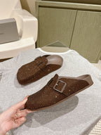 Balenciaga sandals with dark brown sparkly upper, one strap buckle, closed-toe style