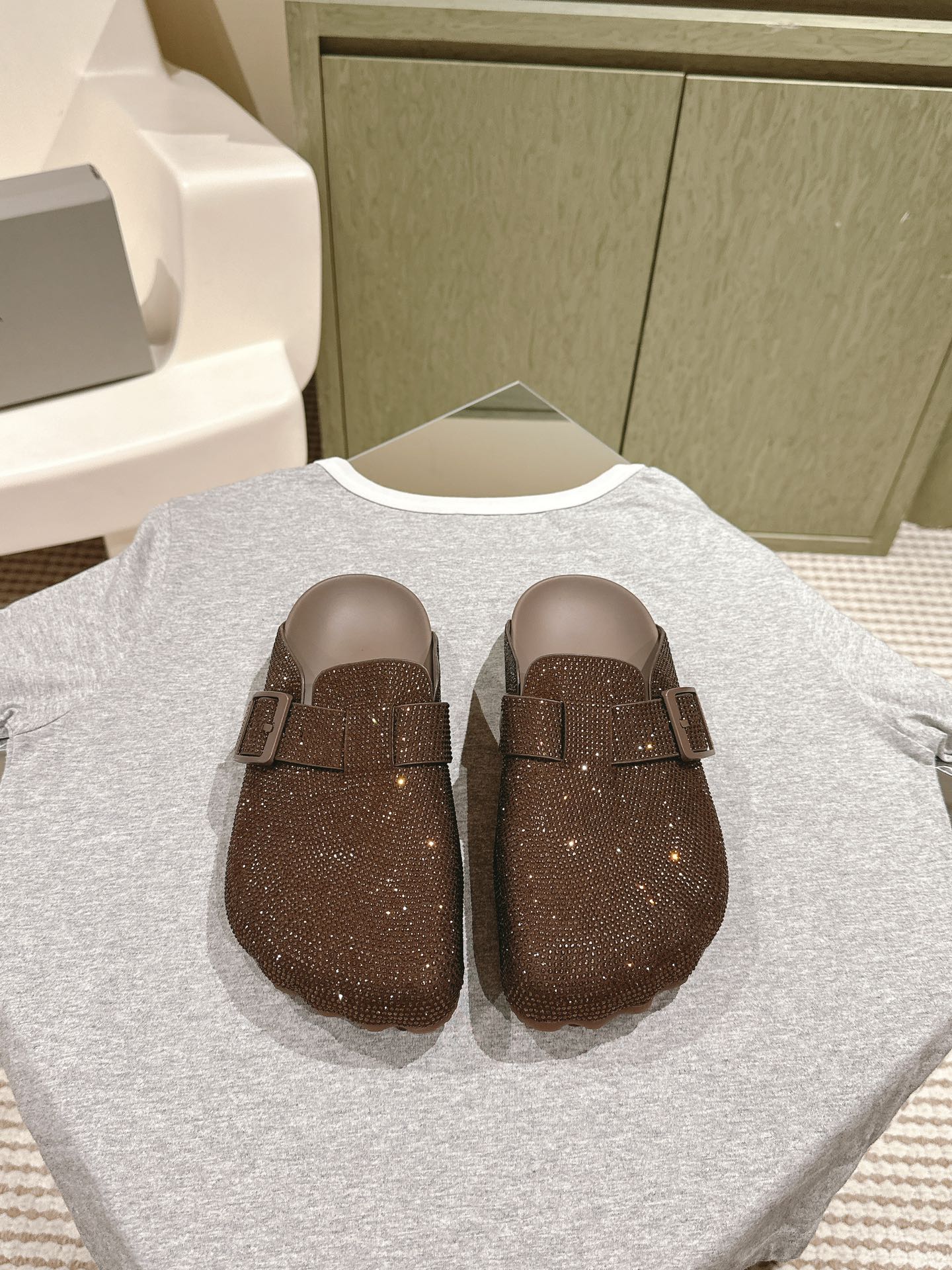 Balenciaga sandals in dark brown glitter fabric with single strap and buckle