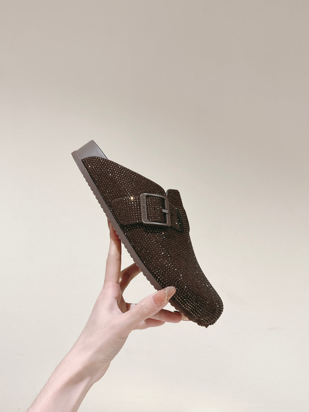 Balenciaga closed-toe sandals in dark brown glitter, with metal buckle strap