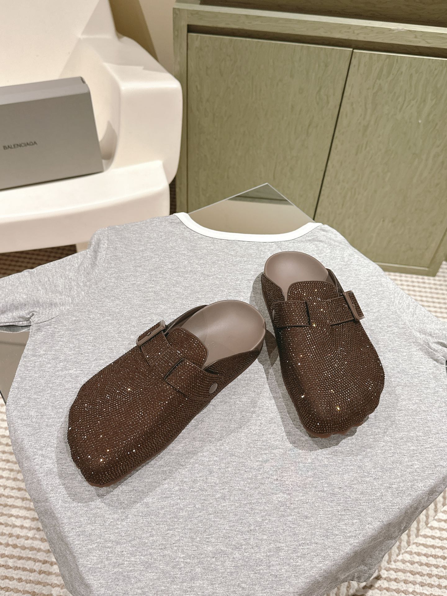 Balenciaga sandals, dark brown glitter finish, single strap with metal buckle