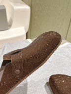 Balenciaga sandal with textured dark brown glitter upper and metal buckle detail