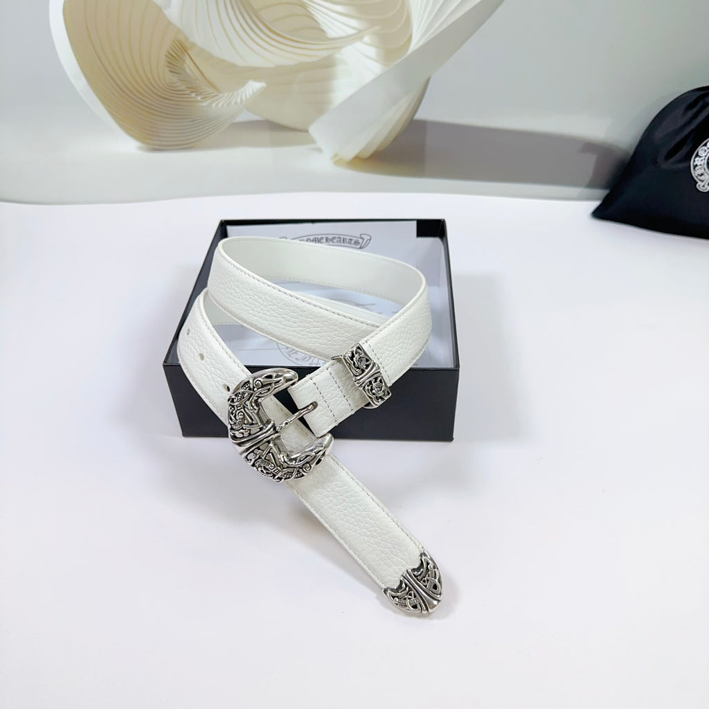 White leather belt in gift box with silver filigree buckle and decorative keeper