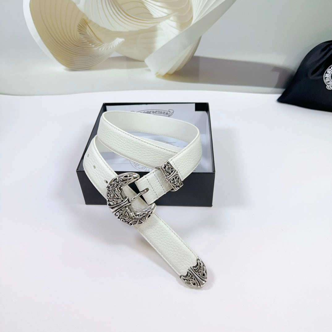 White leather belt in gift box with silver filigree buckle and decorative keeper