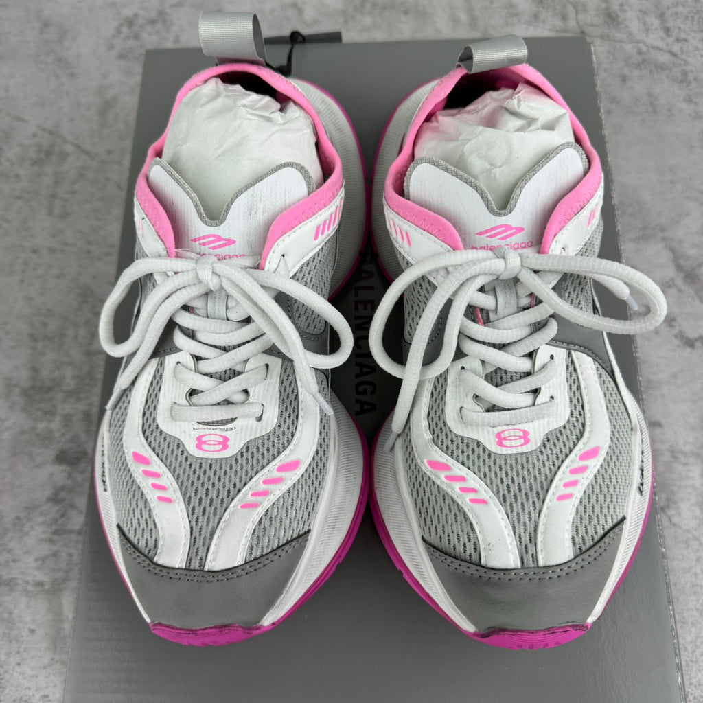 Balenciaga lace-up sneakers, front view with gray mesh toe and pink-trimmed collar