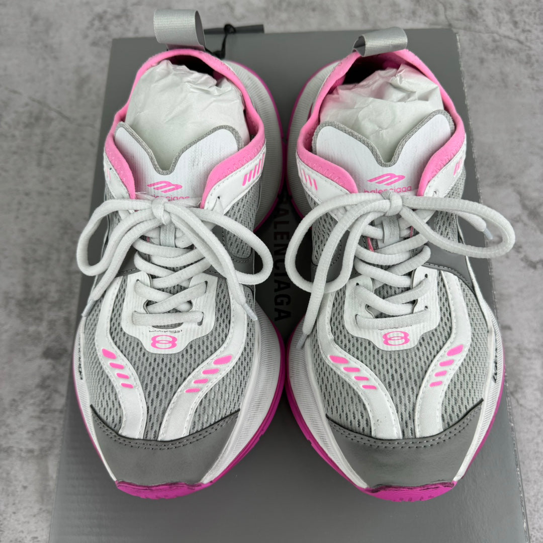 Balenciaga lace-up sneakers, front view with gray mesh toe and pink-trimmed collar